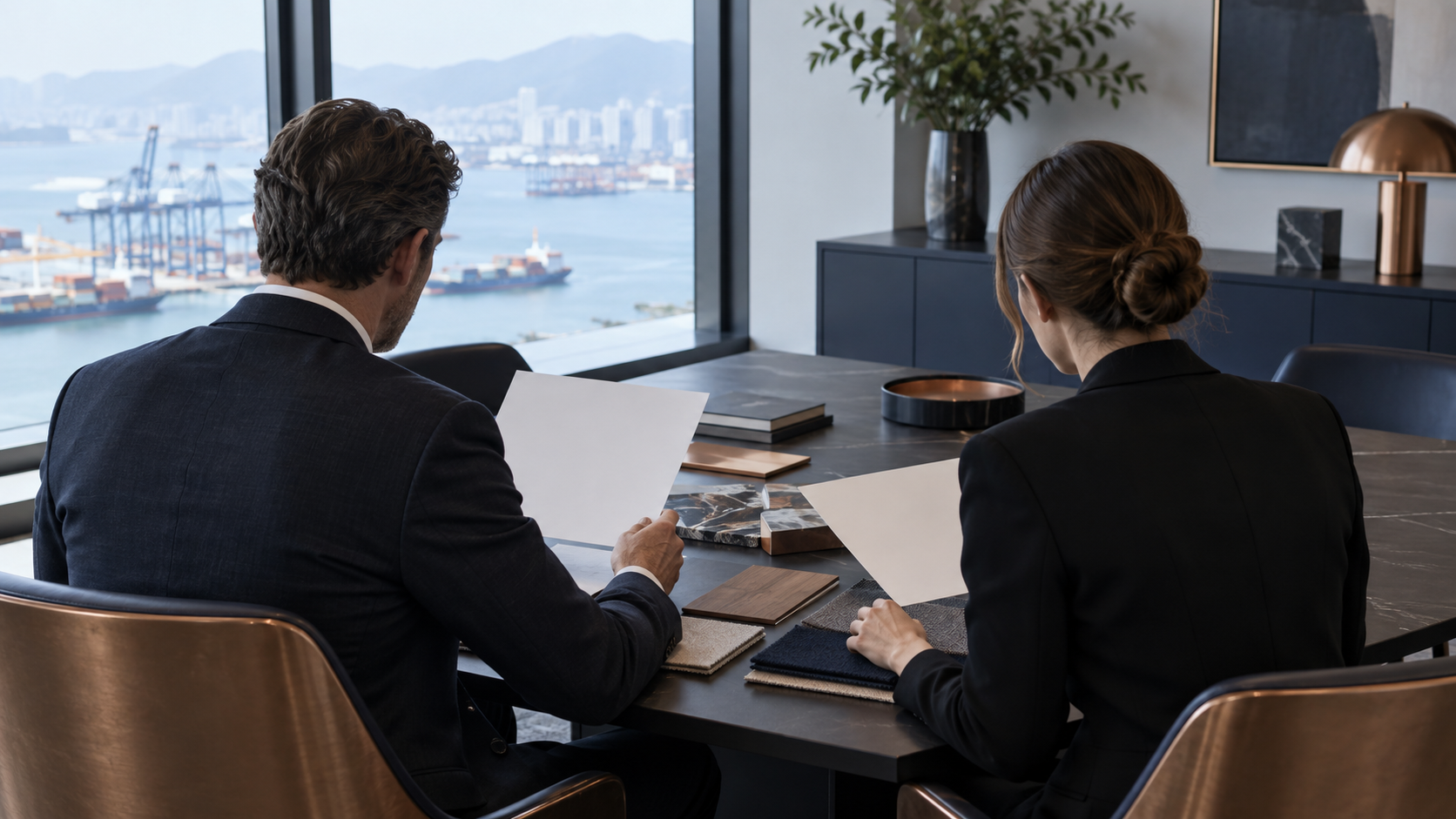 Professionals reviewing materials in a quiet meeting room