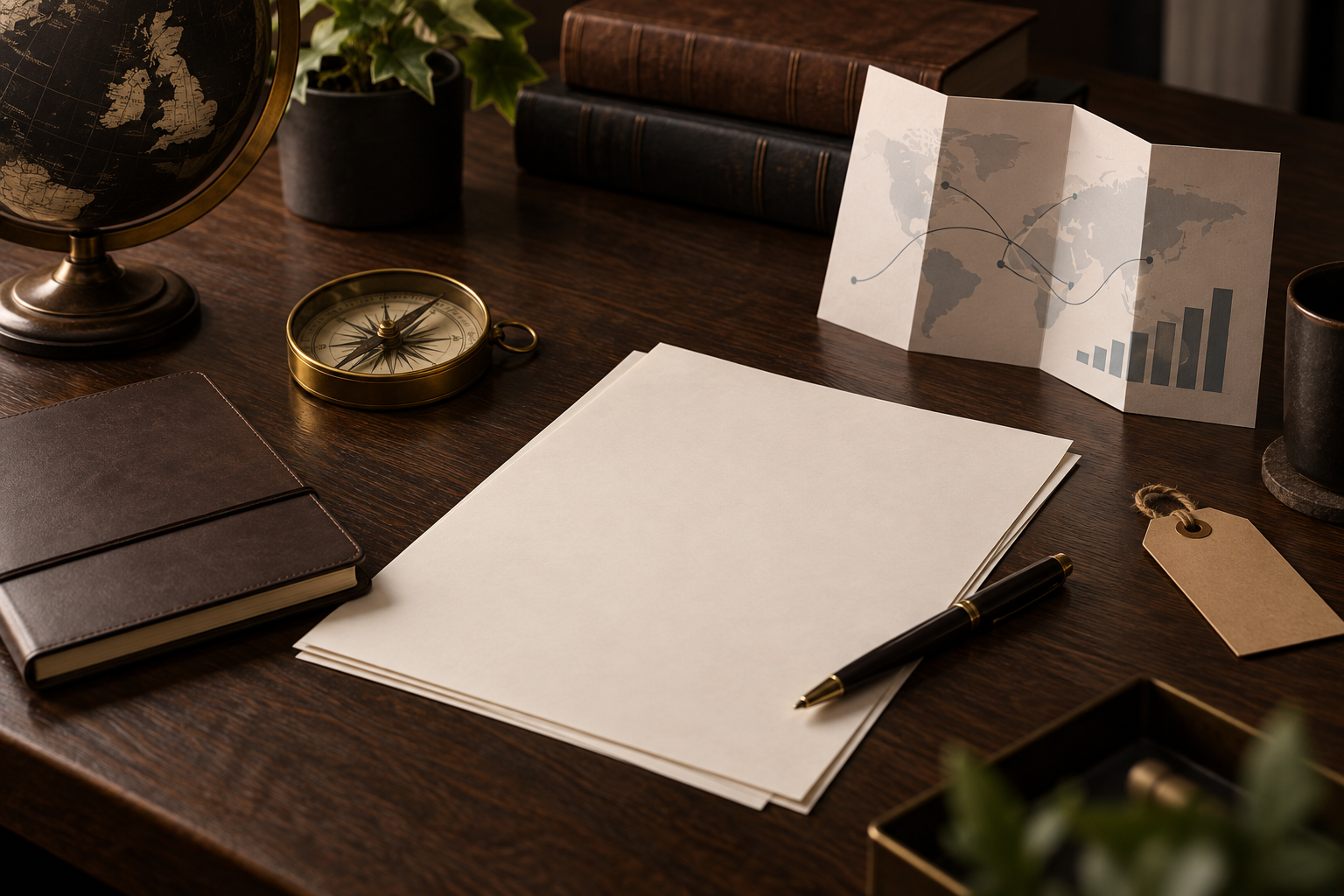 Corporate planning materials on a dark oak desk